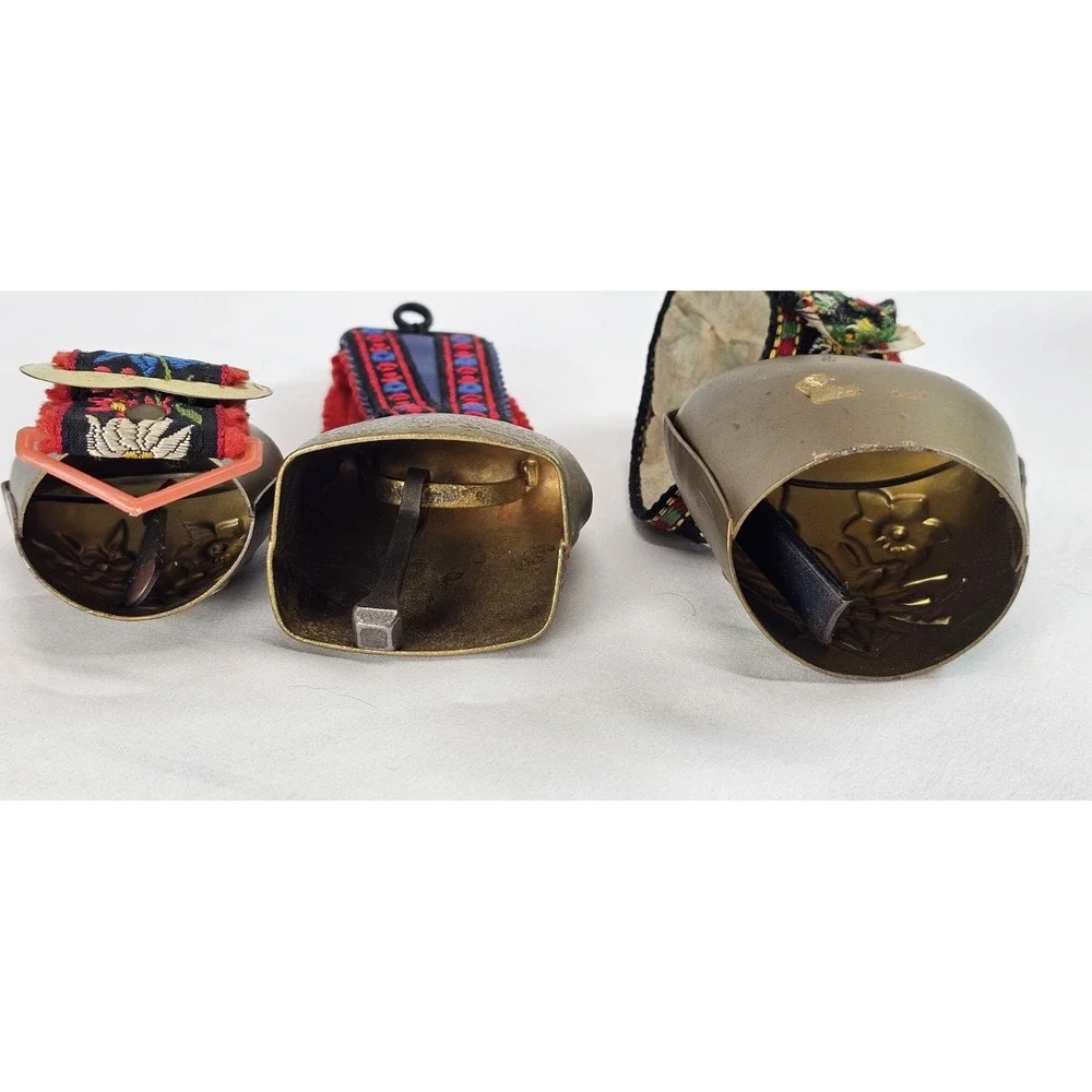 Vintage Norwegian Brass Cow Bells Honningsvåg Floral Leather Strap Set of 3